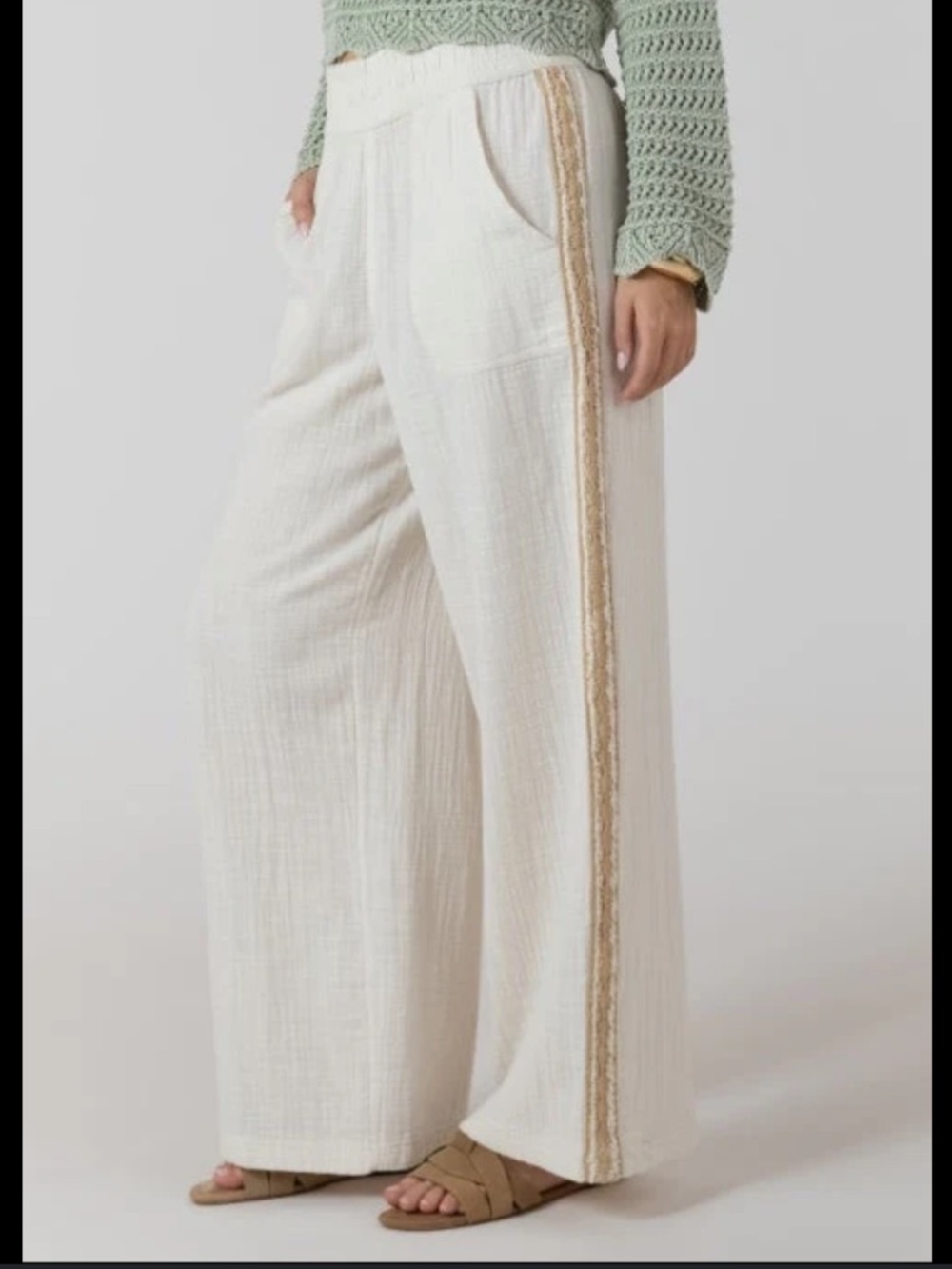 Wide Leg linen Cream Pants with crochet Side Trim